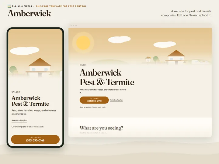 Amberwick template on a phone and a desktop browser, with its drawn hero scene