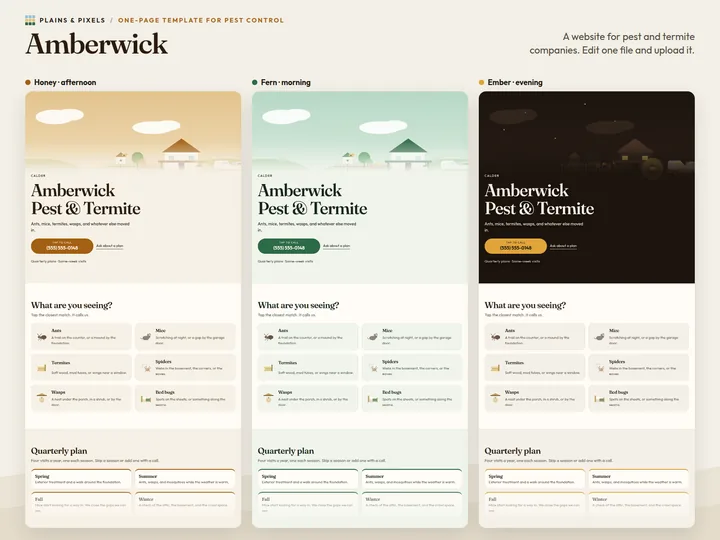 The Amberwick page in its three presets: Honey, Fern, Ember