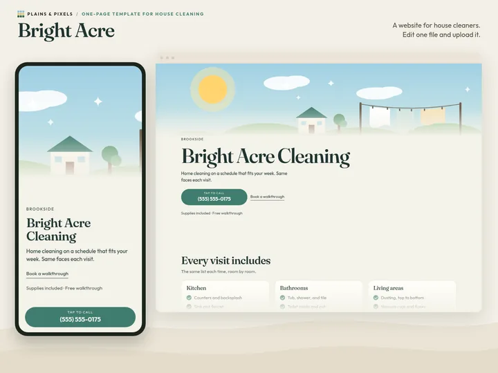 Bright Acre template on a phone and a desktop browser, with its drawn hero scene
