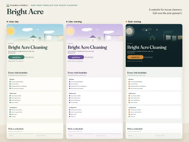 The Bright Acre page in its three presets: Linen, Lilac, Dusk