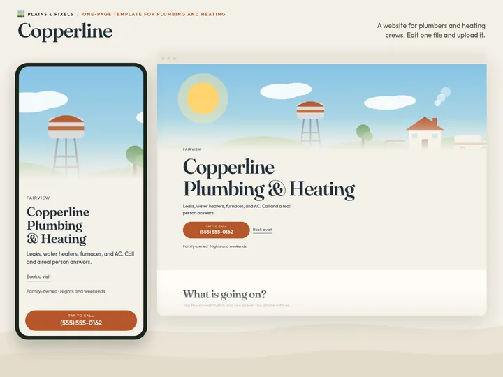 Copperline template on a phone and a desktop browser, with its drawn hero scene