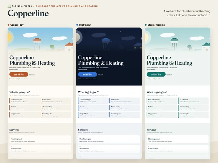 The Copperline page in its three presets: Copper, Pilot, Steam