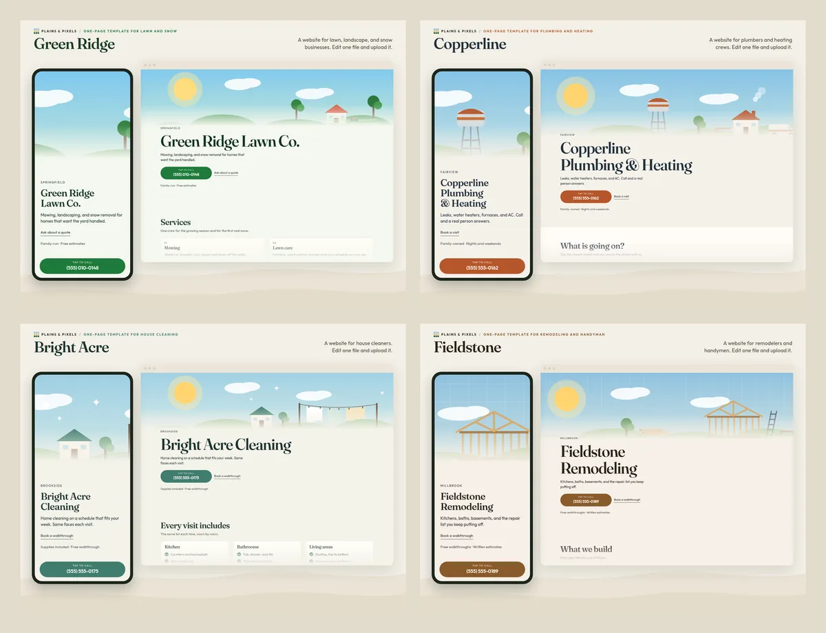 All four Plains & Pixels templates side by side