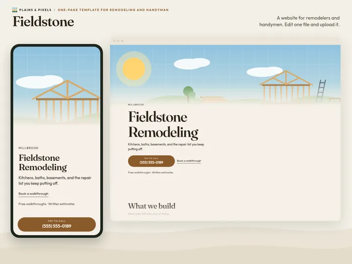 Fieldstone template on a phone and a desktop browser, with its drawn hero scene