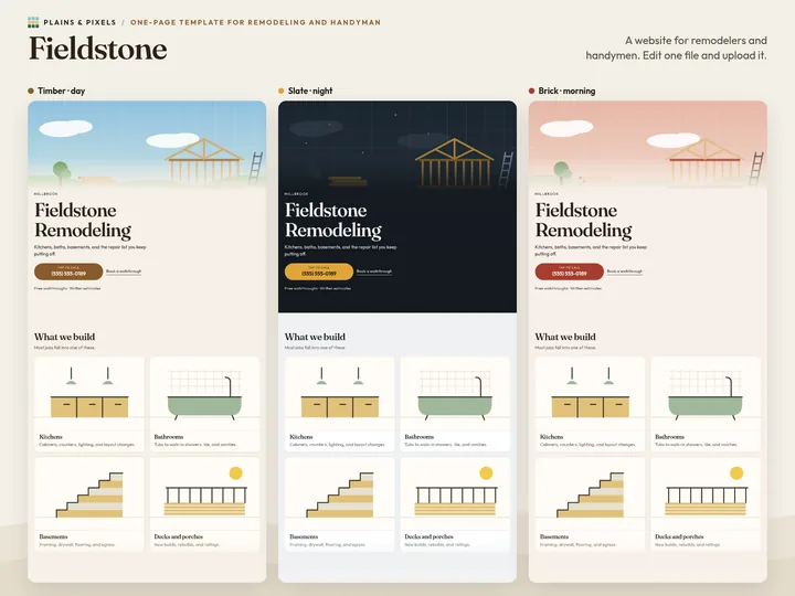 The Fieldstone page in its three presets: Timber, Slate, Brick