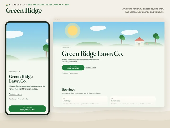 Green Ridge template on a phone and a desktop browser, with its drawn hero scene
