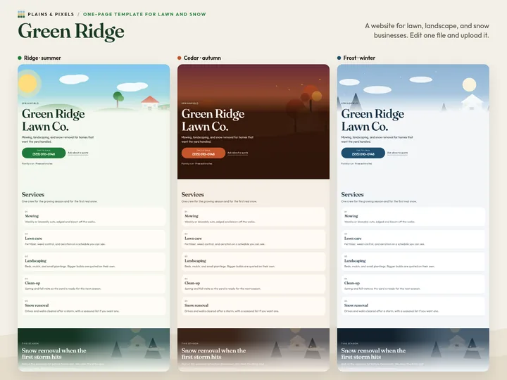The Green Ridge page in its three presets: Ridge, Cedar, Frost