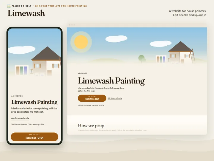 Limewash template on a phone and a desktop browser, with its drawn hero scene