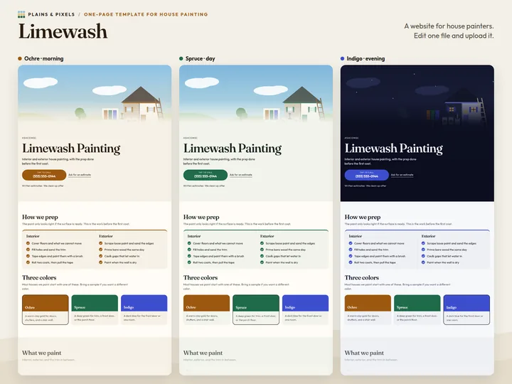 The Limewash page in its three presets: Ochre, Spruce, Indigo