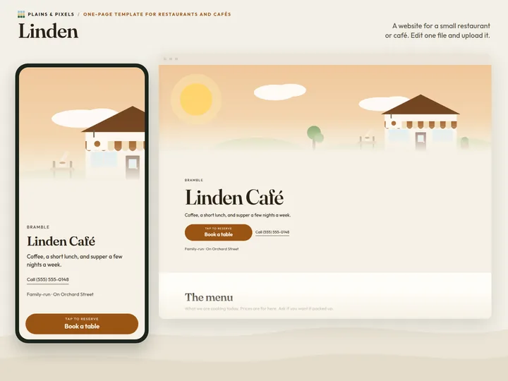 Linden template on a phone and a desktop browser, with its drawn hero scene