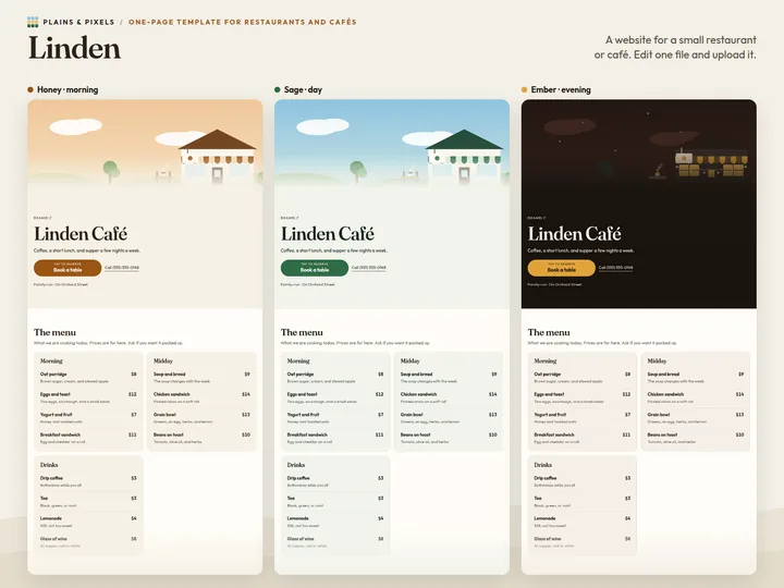 The Linden page in its three presets: Honey, Sage, Ember
