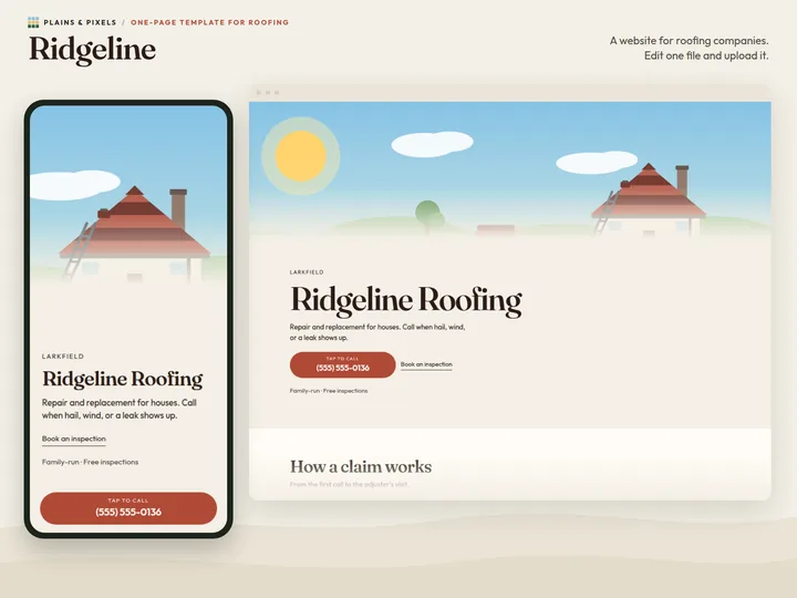 Ridgeline template on a phone and a desktop browser, with its drawn hero scene