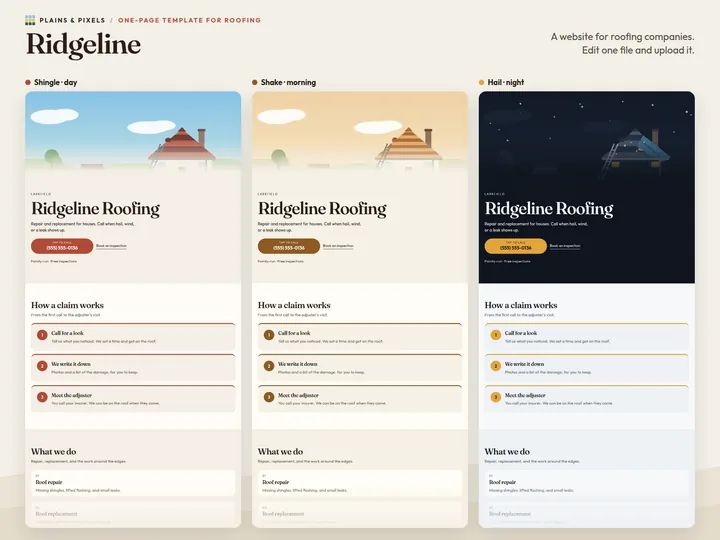 The Ridgeline page in its three presets: Shingle, Shake, Hail