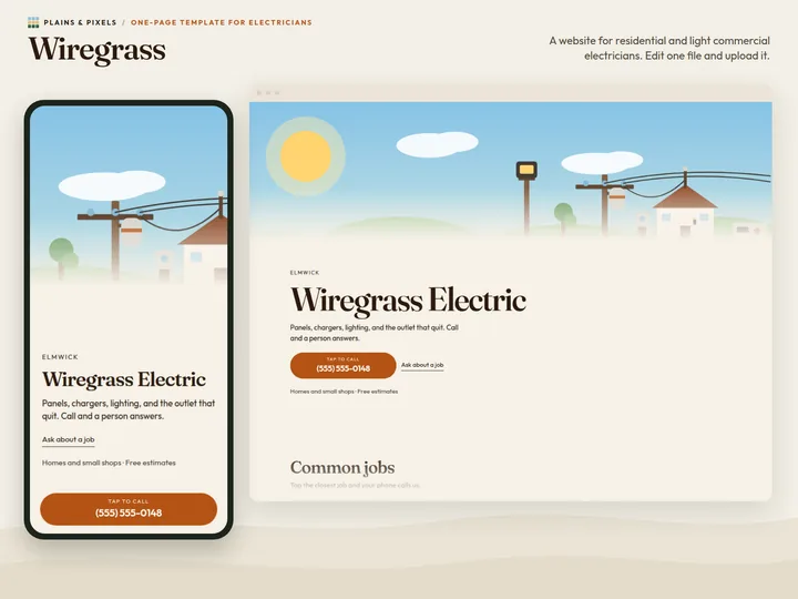 Wiregrass template on a phone and a desktop browser, with its drawn hero scene