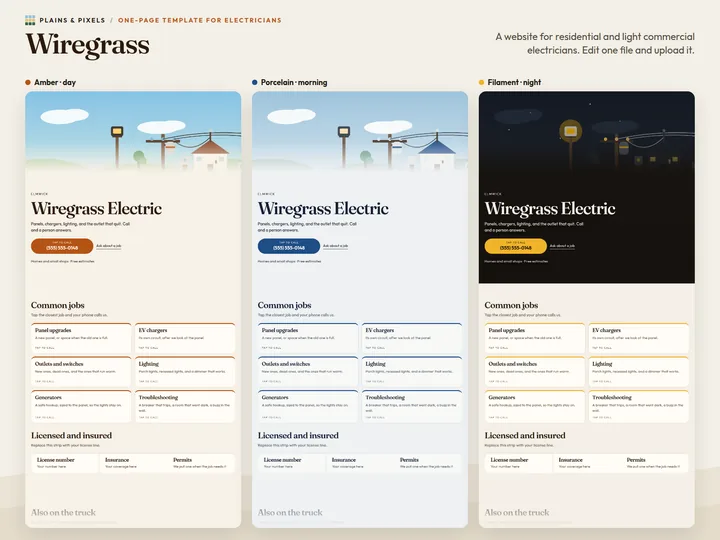 The Wiregrass page in its three presets: Amber, Porcelain, Filament